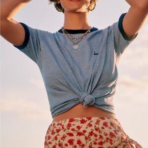 Sezane embroidered “demain” Crew Neck Light Blue Short Sleeve Tee w Dark Blue